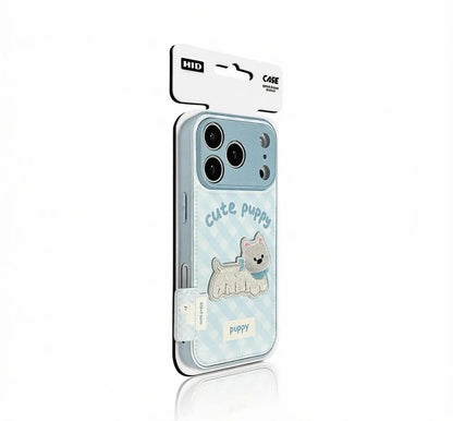 Adorable white puppy embroidered patch on a light blue gingham aesthetic phone case.