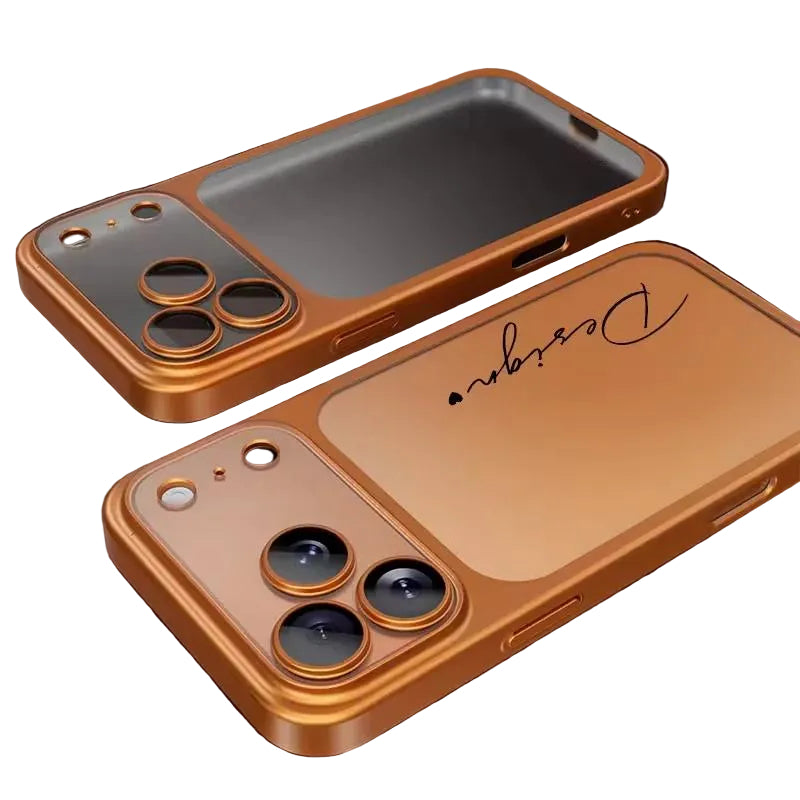Lifestyle product shot of CasePoppi gold metallic frame phone cases with personalized name customization.