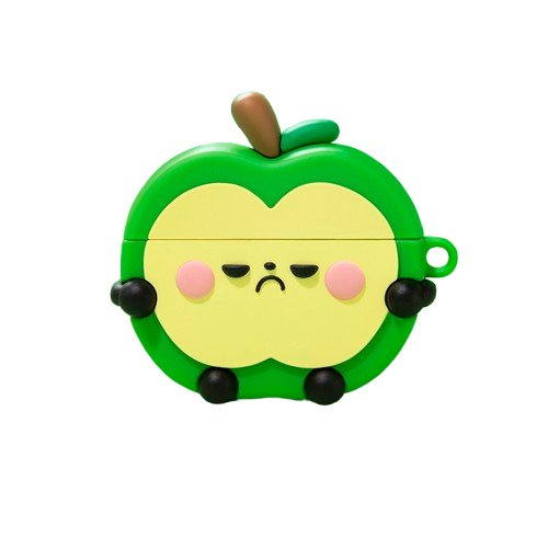 CasePoppi Kawaii Green Apple AirPods Case, featuring a cute grumpy face with rosy cheeks and black hands, green 3D cartoon style.