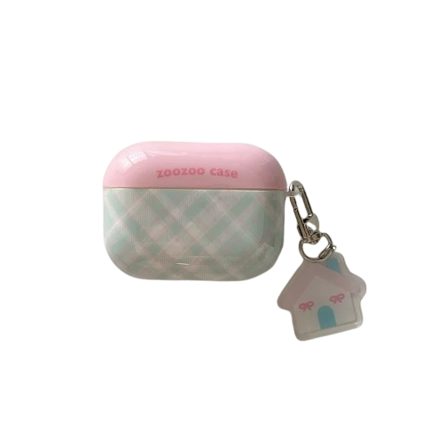 CasePoppi The Sweet Charm Grid Case in Baby Pink, soft-touch quilted plaid AirPods case featuring a cute star and heart charm, aesthetic puffy style.