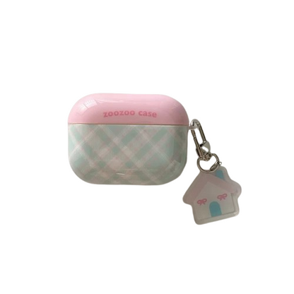 CasePoppi The Sweet Charm Grid Case in Baby Pink, soft-touch quilted plaid AirPods case featuring a cute star and heart charm, aesthetic puffy style.