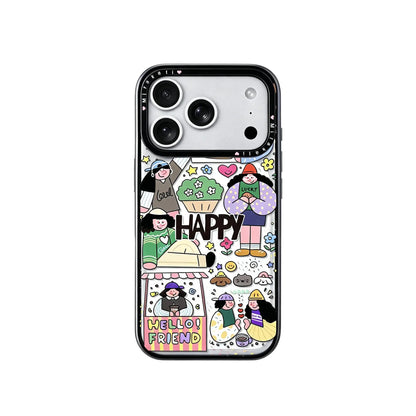 A colorful and busy iPhone case from CasePoppi featuring various illustrated people, flowers, a coffee stand, and the bold text "HAPPY" and "HELLO FRIEND."