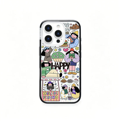 Frontal view of the CasePoppi Happy Friends Cafe Collage phone case in its premium brand retail packaging.