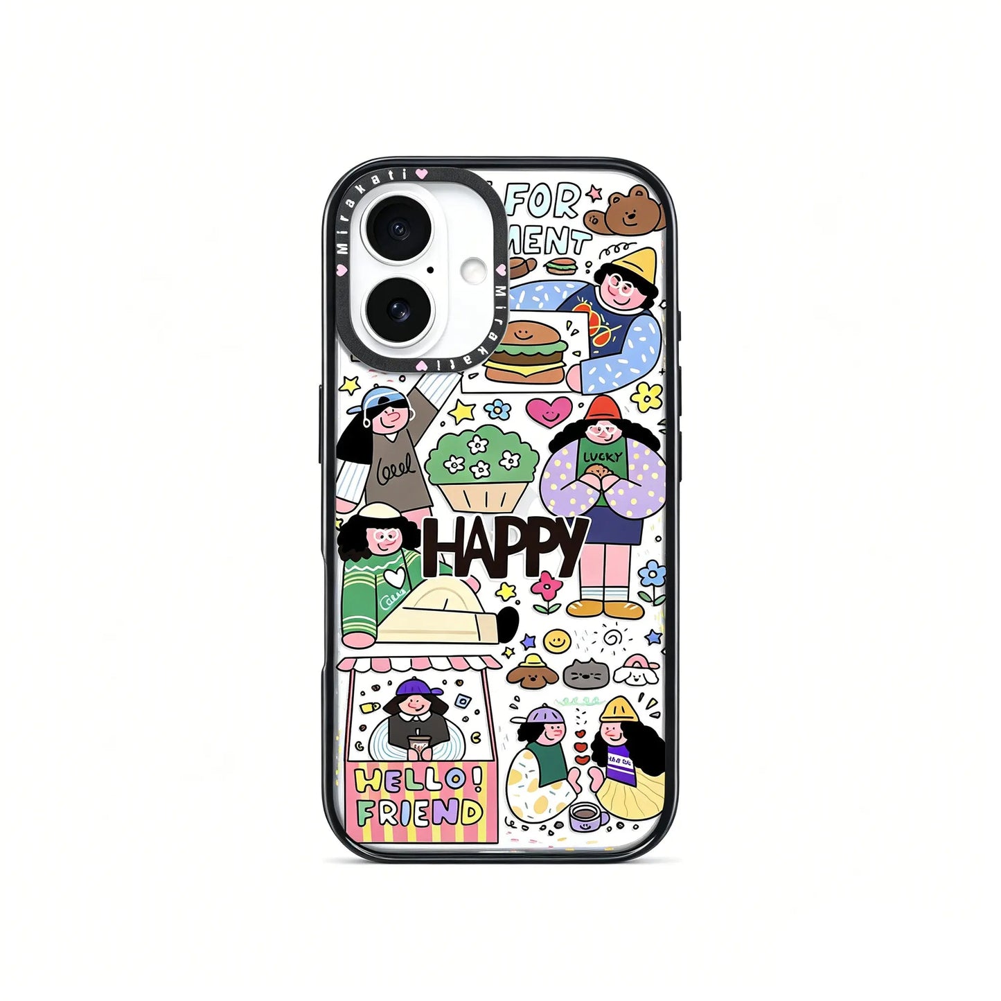 Full back view of the CasePoppi Happy Friends Cafe Collage phone case highlighting the complete artistic character collage.