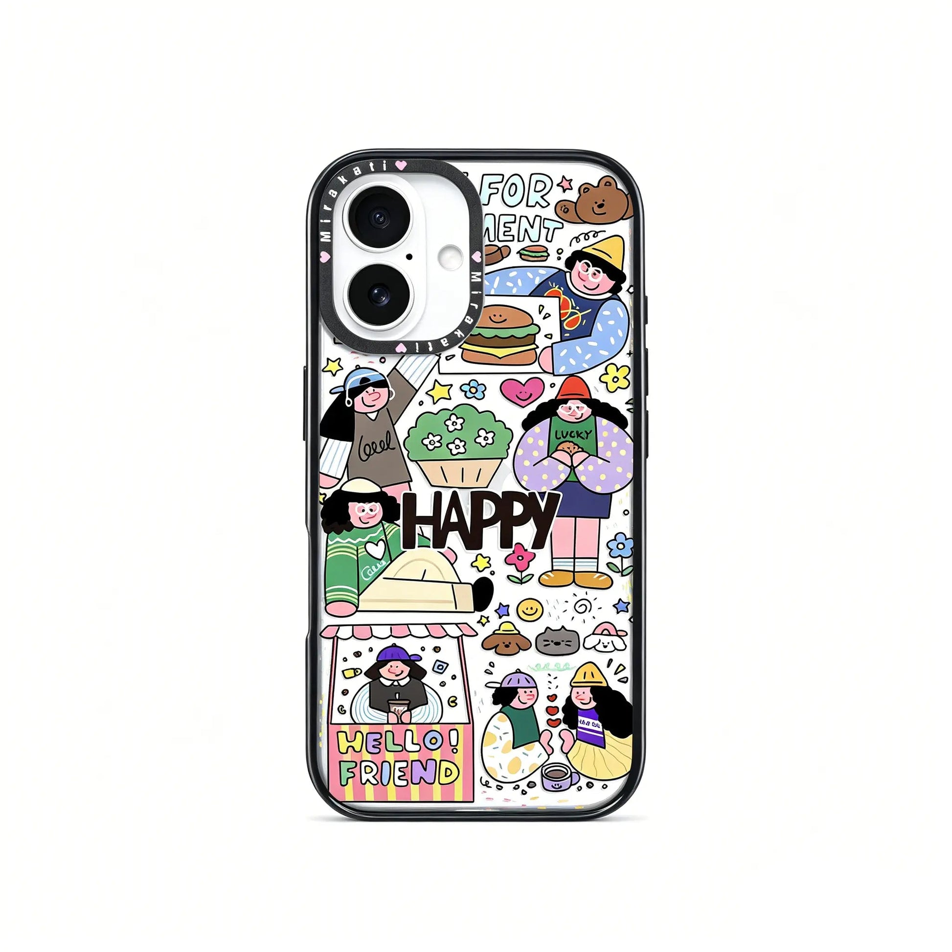 Full back view of the CasePoppi Happy Friends Cafe Collage phone case highlighting the complete artistic character collage.