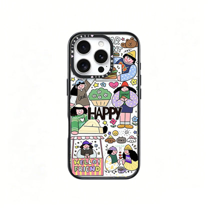 CasePoppi aesthetic phone case featuring a colorful collage of cartoon characters at a cafe with vibrant doodles and patterns.