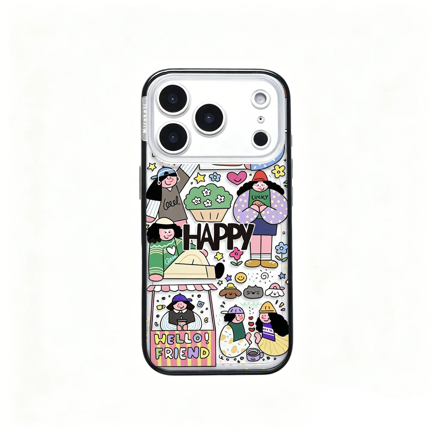 Side angle view of the CasePoppi Happy Friends Cafe Collage phone case showing the protective camera bezel and slim design.