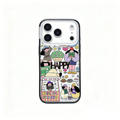 Side angle view of the CasePoppi Happy Friends Cafe Collage phone case showing the protective camera bezel and slim design.