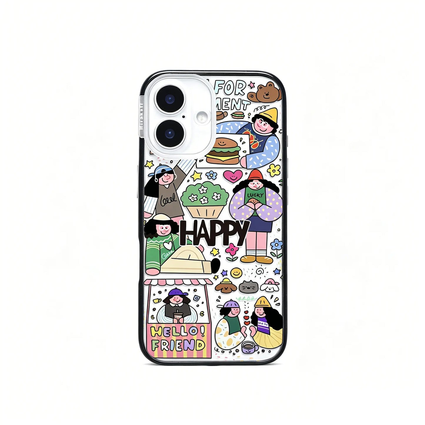 Side view of the CasePoppi Happy Friends Cafe Collage phone case inside its official retail box with hanging tag.