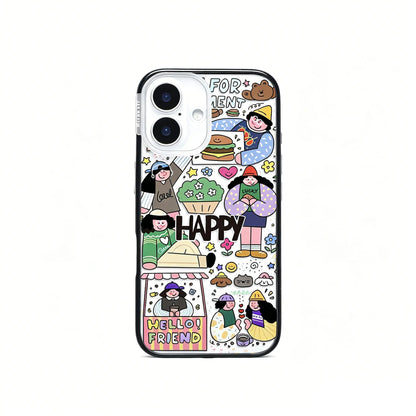 Side view of the CasePoppi Happy Friends Cafe Collage phone case inside its official retail box with hanging tag.