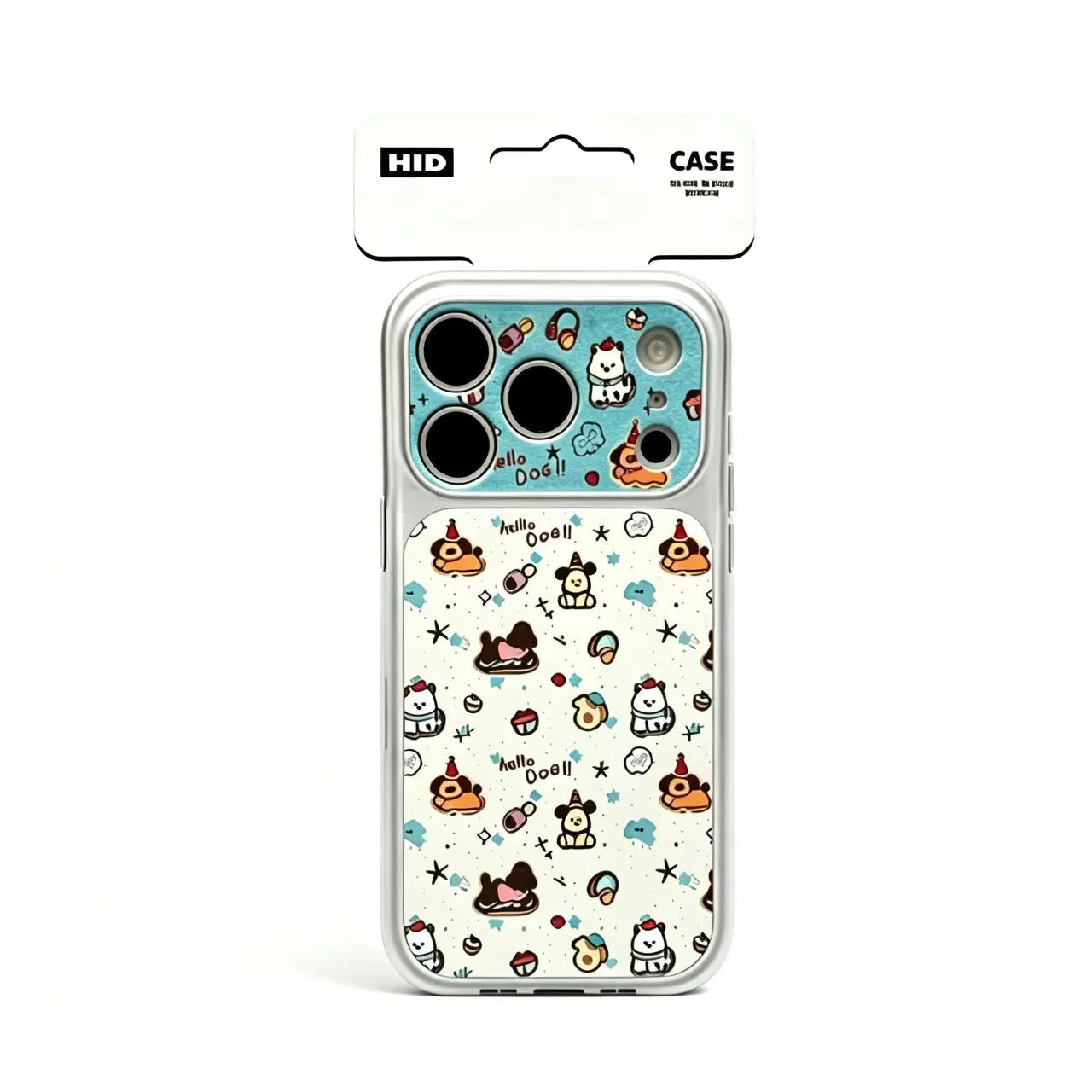 Frontal view of the CasePoppi Hello Dog Journal phone case packaged for sale.