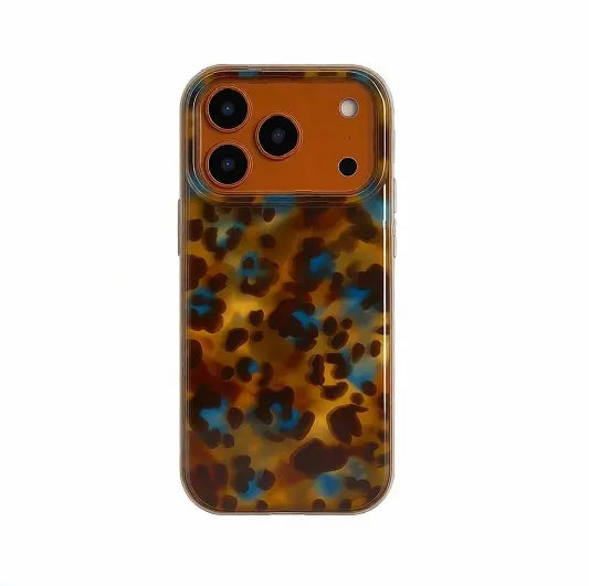 CasePoppi stylish leopard print phone case with a touch of blue tones and a contrasting orange camera protector.