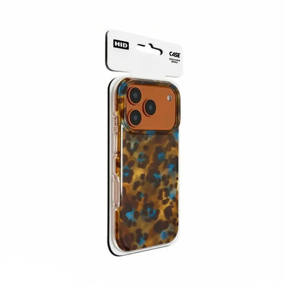 Trendy Leopard Blues aesthetic phone case for iPhone with blue and brown leopard print pattern.