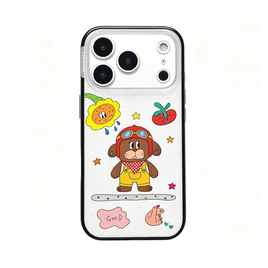 CasePoppi phone case featuring a cute cartoon puppy wearing an aviator helmet with sun and tomato graphics.