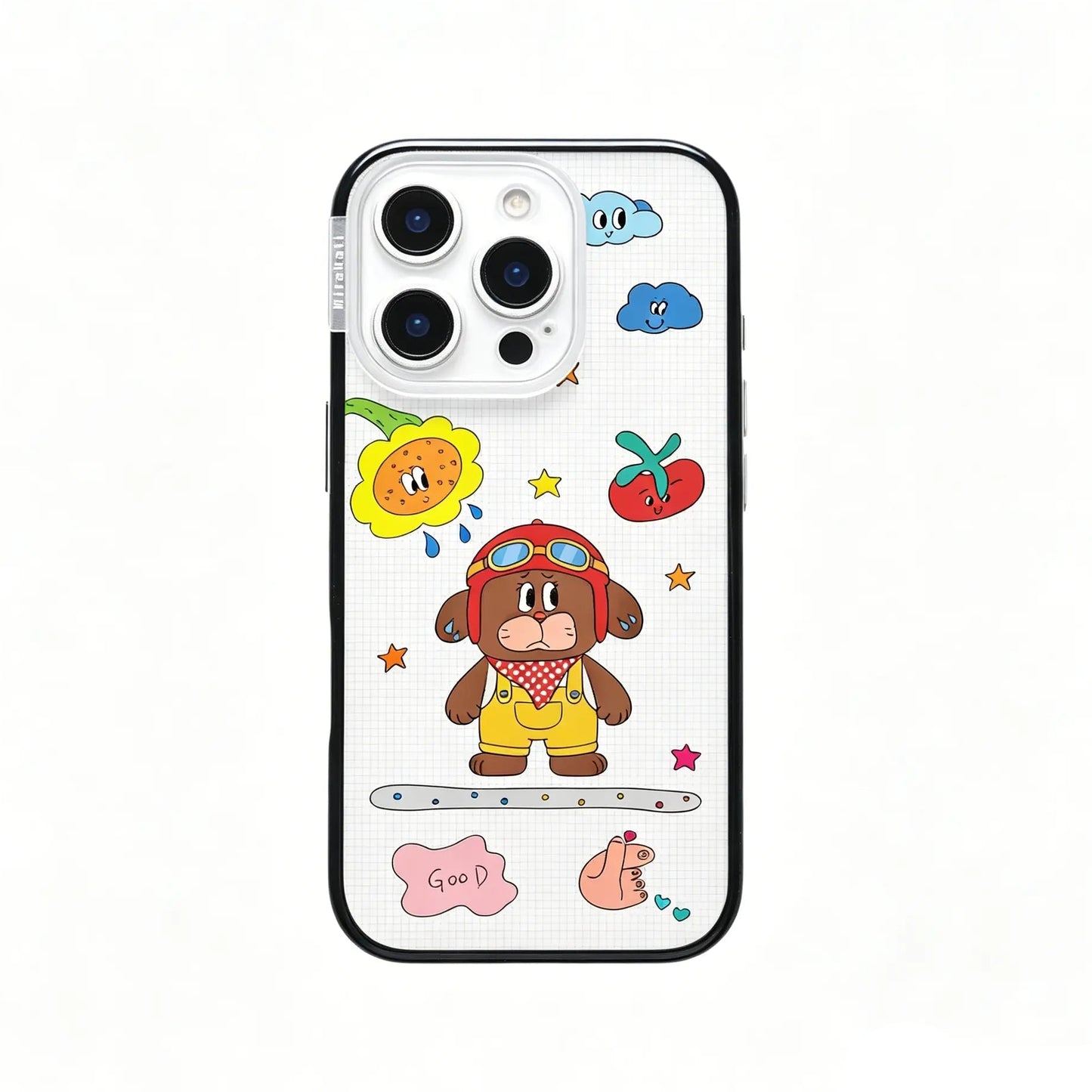 Frontal view of the CasePoppi Little Aviator Puppy phone case in its official brand retail packaging.