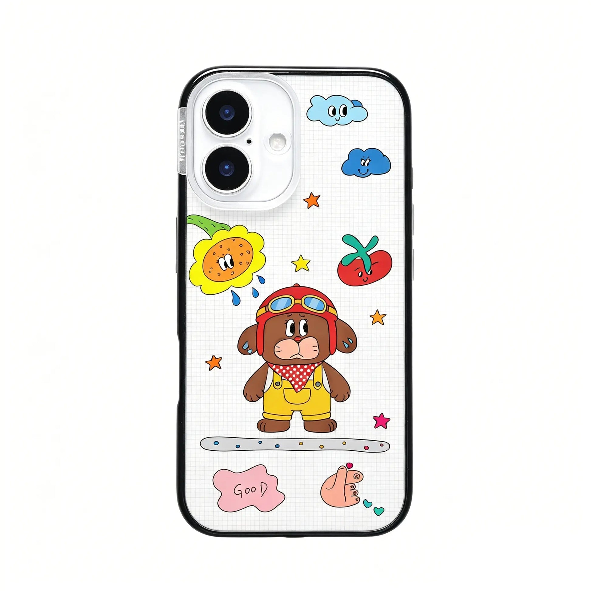 Side angle view of the CasePoppi Little Aviator Puppy phone case showcasing its slim protective design.