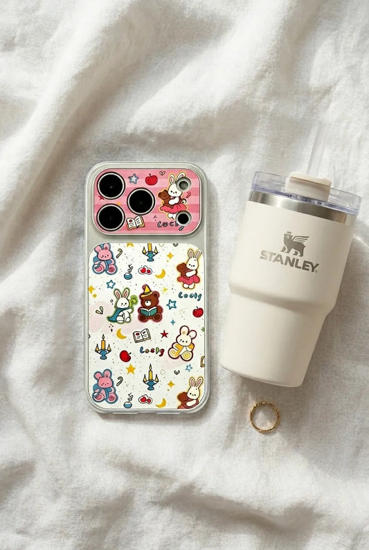A close-up shot of a person holding the CasePoppi Lucky Friends clear phone case, demonstrating its protective thickness and clear graphic design.
