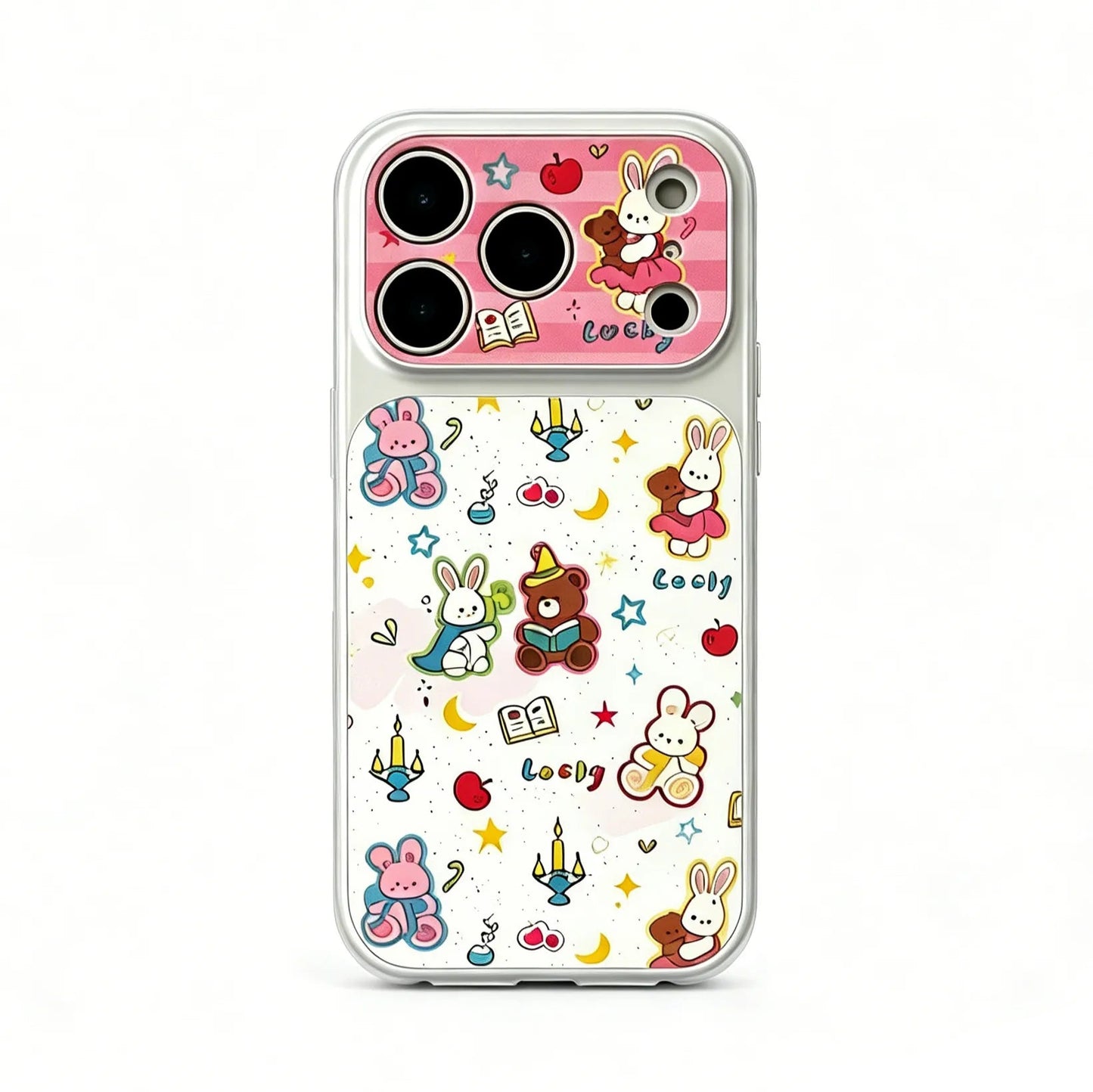 CasePoppi Lucky Friends Journal phone case featuring a clear background with colorful cartoon bunnies, bears, and hearts.