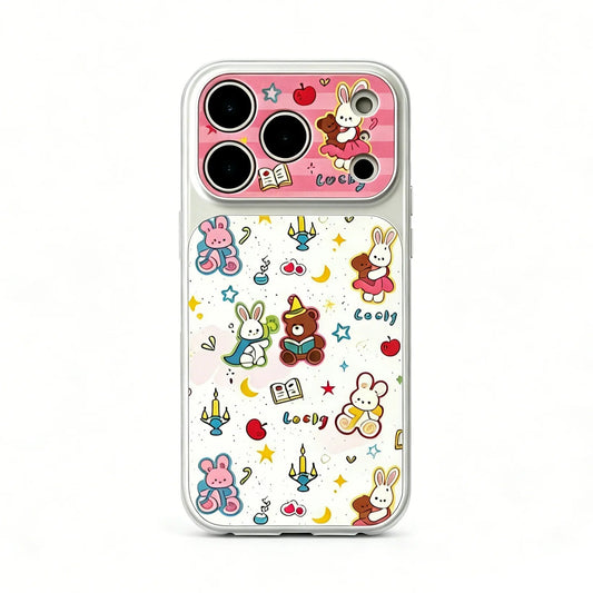 CasePoppi Lucky Friends Journal phone case featuring a clear background with colorful cartoon bunnies, bears, and hearts.