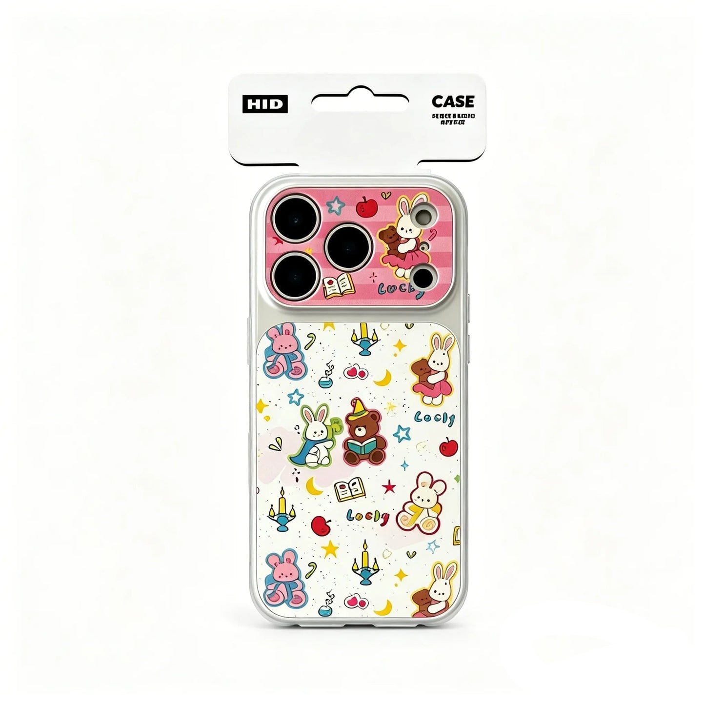 Frontal view of the CasePoppi Lucky Friends Journal phone case inside its official brand packaging.