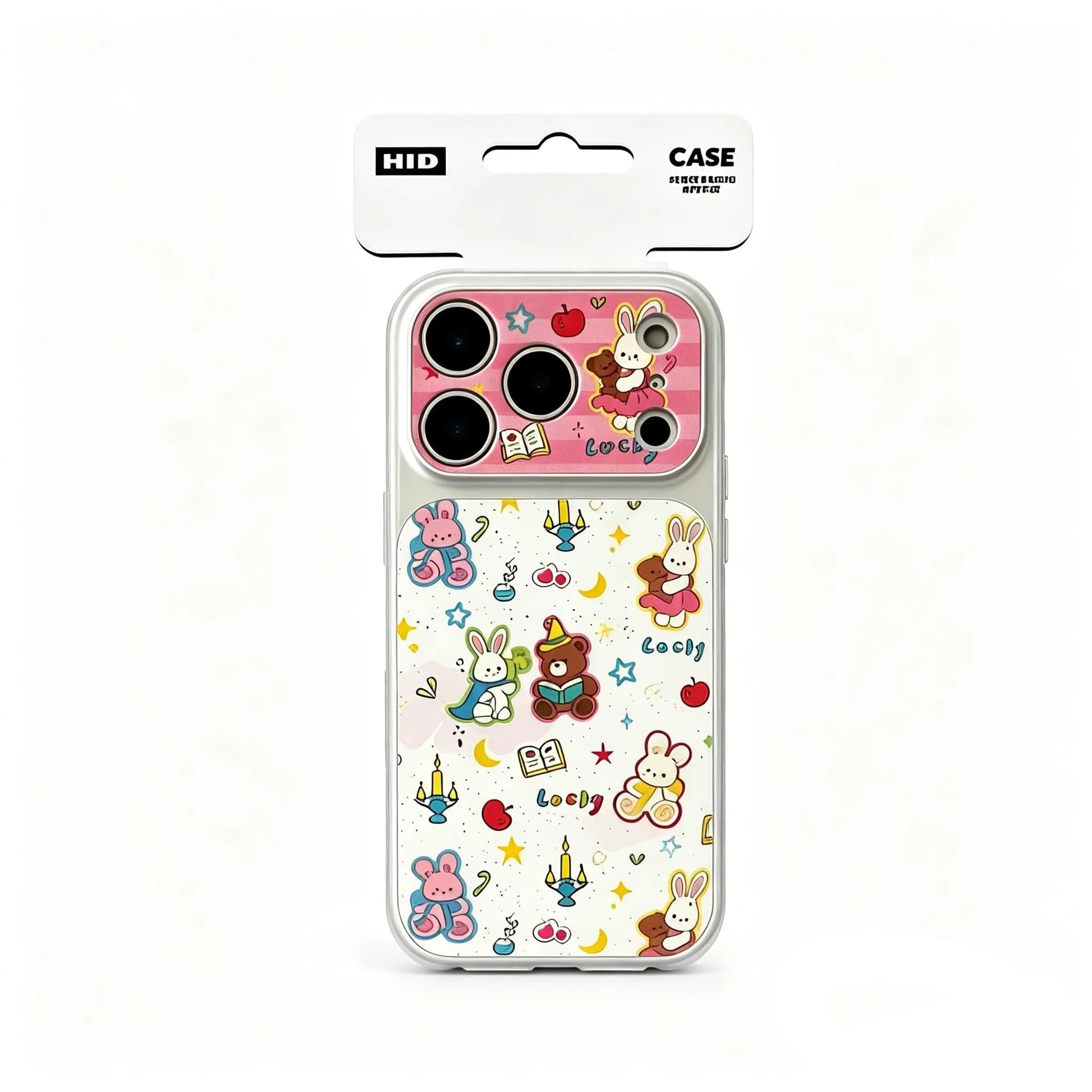 Frontal view of the CasePoppi Lucky Friends Journal phone case inside its official brand packaging.