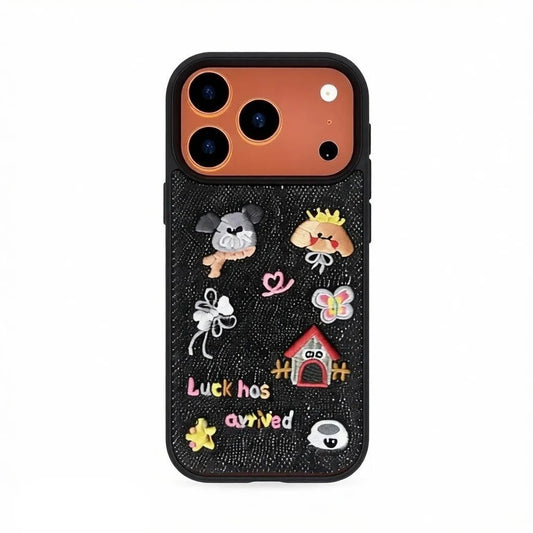 CasePoppi Lucky Puppy phone case with a black denim texture featuring embroidered puppies, stars, and hearts.