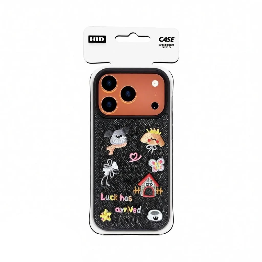 Official retail packaging for the CasePoppi Lucky Puppy denim embroidery phone case.