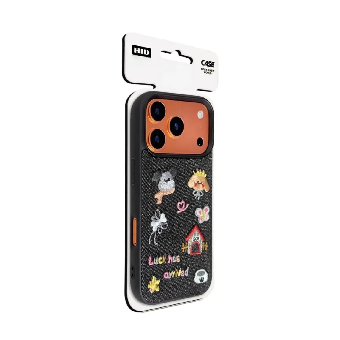 Lucky Puppy embroidered denim phone case with dog and ribbon bow icons for iPhone 18 - CasePoppi