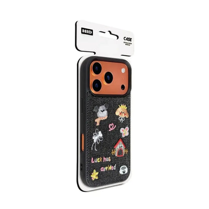 Lucky Puppy embroidered denim phone case with dog and ribbon bow icons for iPhone 18 - CasePoppi