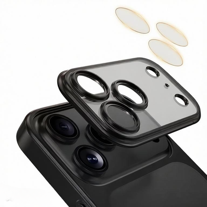 Detailed view of the integrated camera lens protection on CasePoppi's metallic frame phone case.