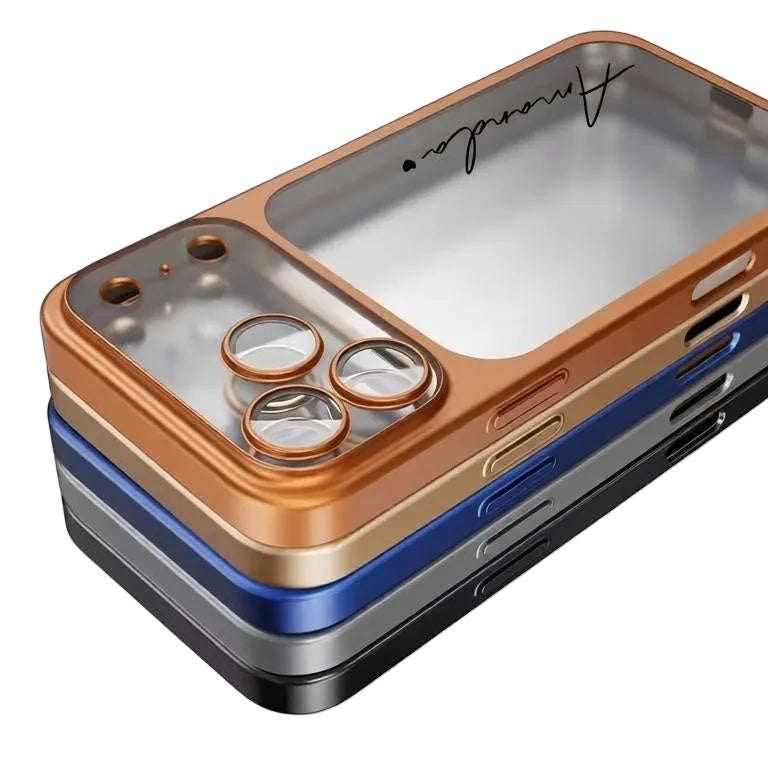 Side view of CasePoppi metallic frame phone cases in gold, silver, blue, and black with custom name engraving.