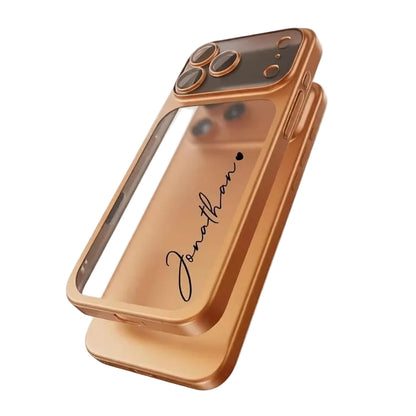 CasePoppi luxury gold metallic frame phone case with clear back and custom cursive name signature.