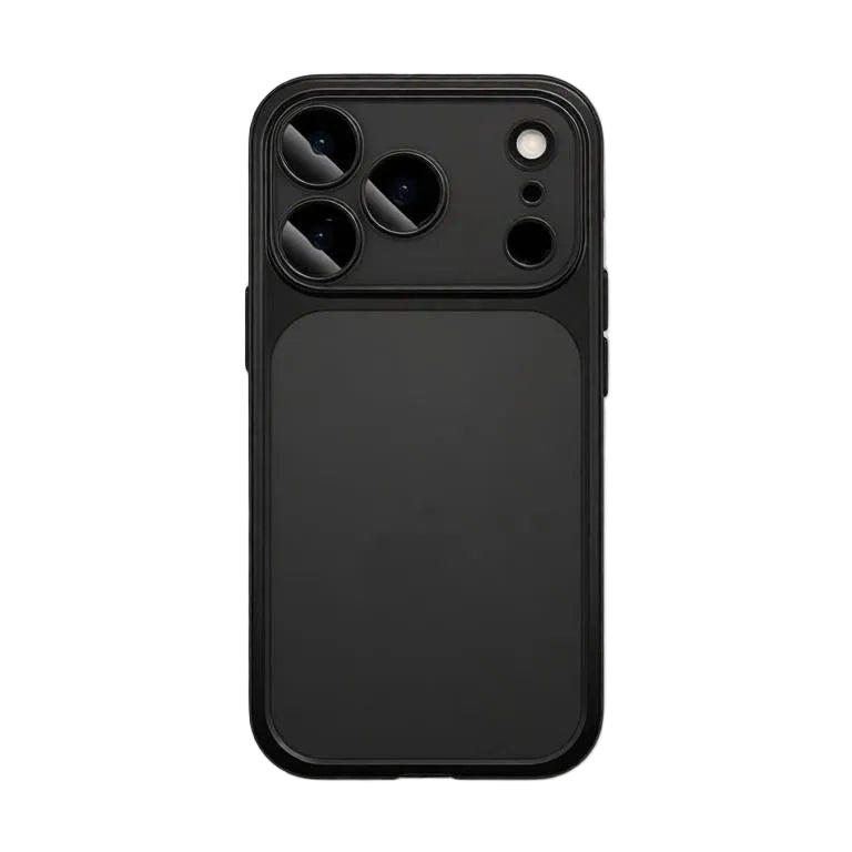 Sophisticated matte black metallic frame phone case with clear back and built-in lens cover.
