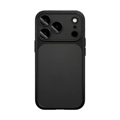 Sophisticated matte black metallic frame phone case with clear back and built-in lens cover.