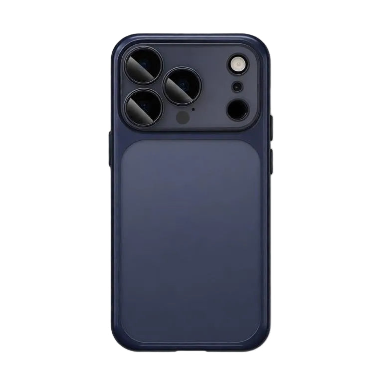 CasePoppi navy blue metallic frame phone case showing the sleek transparent back and camera protection.