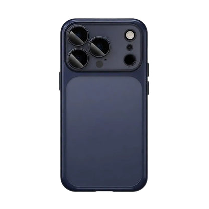 CasePoppi navy blue metallic frame phone case showing the sleek transparent back and camera protection.