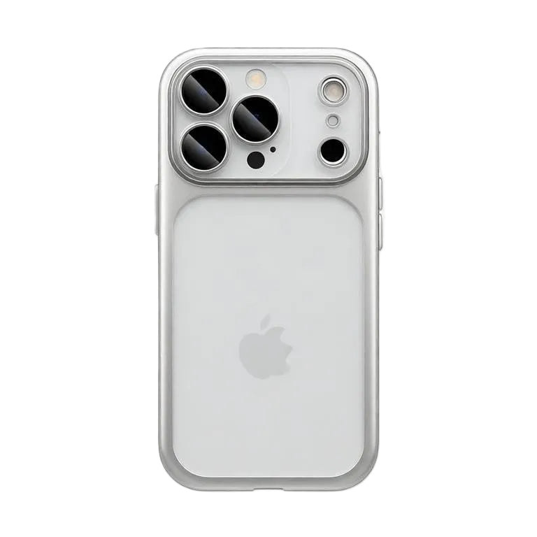 Clean white metallic frame phone case by CasePoppi featuring a clear back for a minimalist aesthetic.