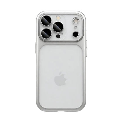 Clean white metallic frame phone case by CasePoppi featuring a clear back for a minimalist aesthetic.