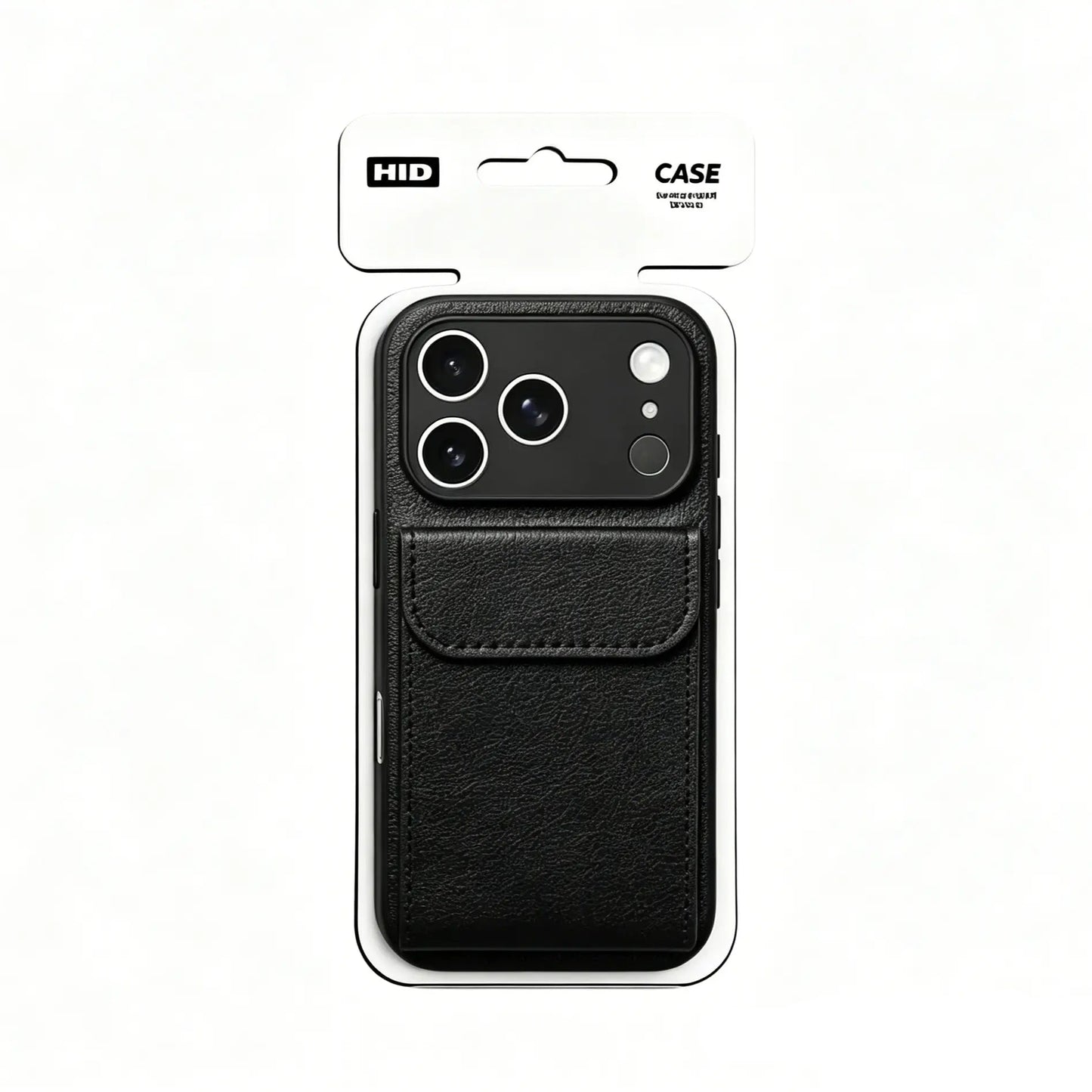 Official retail packaging of the CasePoppi Midnight Black leather folio phone case.