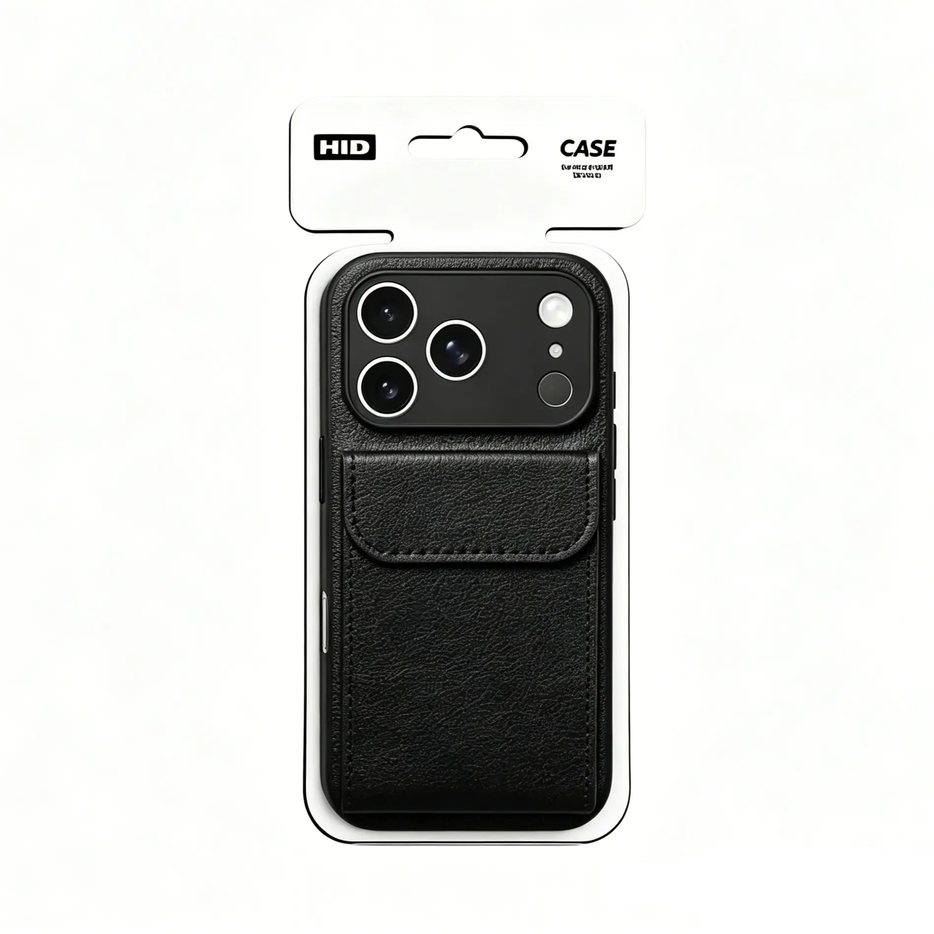 Official retail packaging of the CasePoppi Midnight Black leather folio phone case.