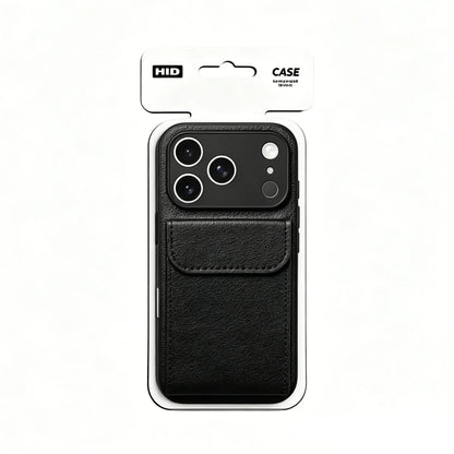 Official retail packaging of the CasePoppi Midnight Black leather folio phone case.