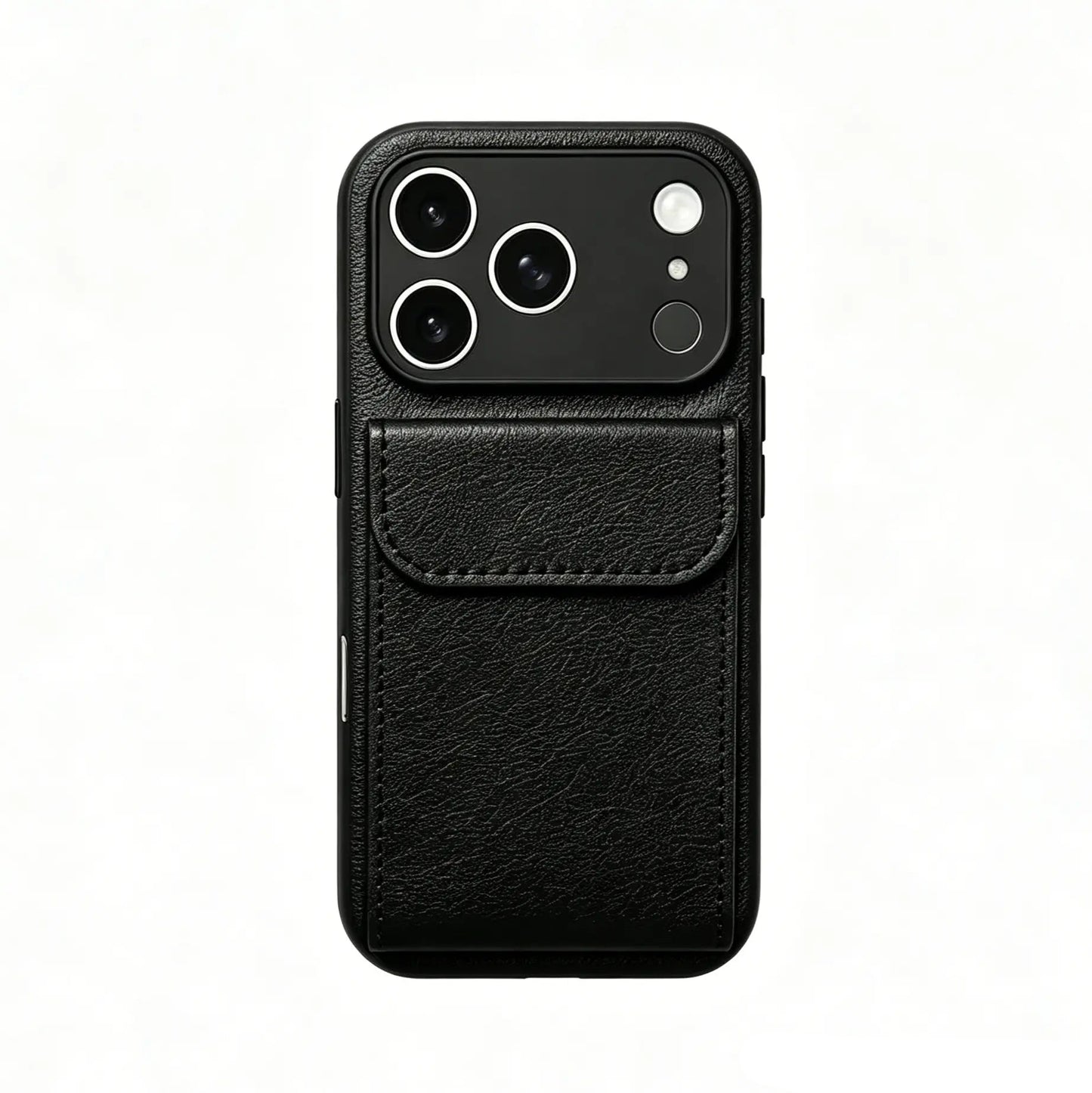 CasePoppi Midnight Black premium leather folio phone case with an integrated functional card slot.