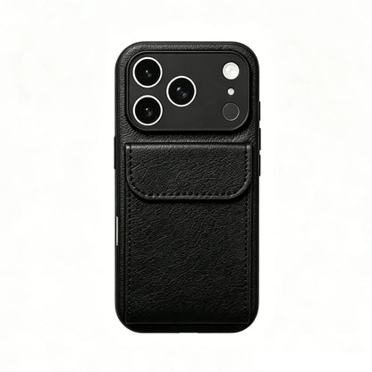CasePoppi Midnight Black premium leather folio phone case with an integrated functional card slot.