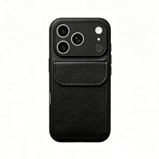 CasePoppi Midnight Black premium leather folio phone case with an integrated functional card slot.