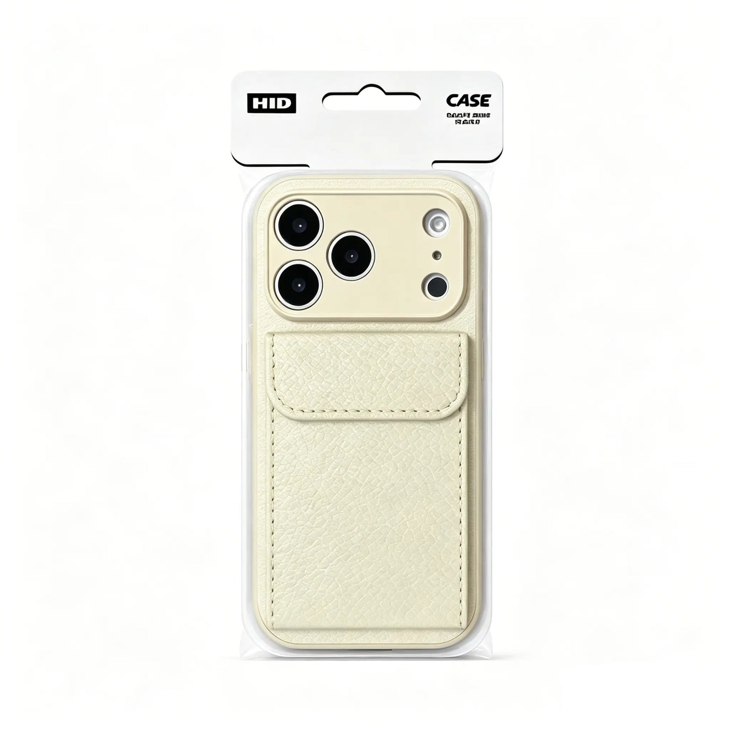 Frontal display of the CasePoppi Minimalist Beige leather folio phone case inside its brand packaging.