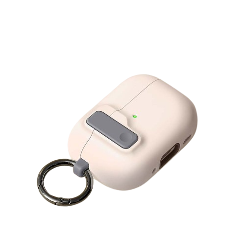 CasePoppi The Rugged Armor Lock Case in Sand Beige, a stylish yet rugged protective shell for AirPods with a grey accent lock.