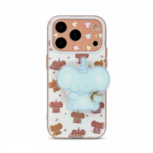 CasePoppi Party Elephant Journal phone case with a cute 3D blue elephant grip and whimsical party illustrations.