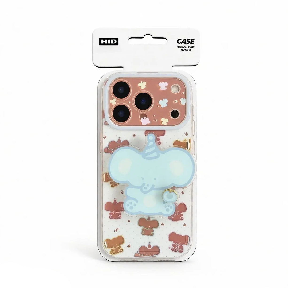 Frontal packaging display of the CasePoppi Party Elephant Journal phone case with its signature blue elephant grip.