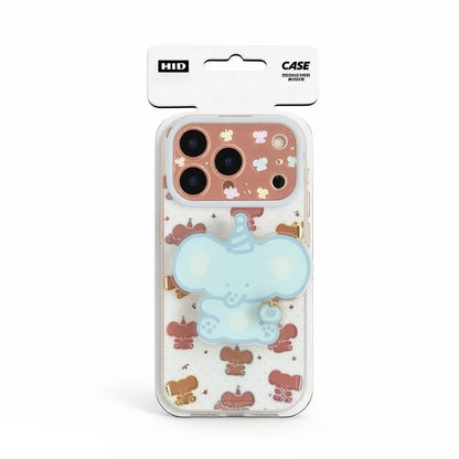 Frontal packaging display of the CasePoppi Party Elephant Journal phone case with its signature blue elephant grip.