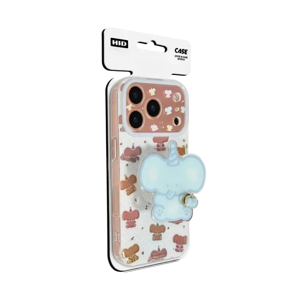 Side angle view of the CasePoppi Party Elephant Journal case highlighting the 3D elephant accessory and retail packaging.